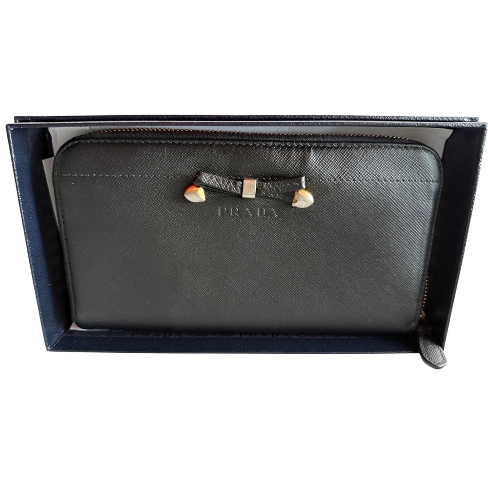 PRADA Saffiano Wallet Leather Zip Around Continental Black Tassles New w/ Box - Picture 2 of 9